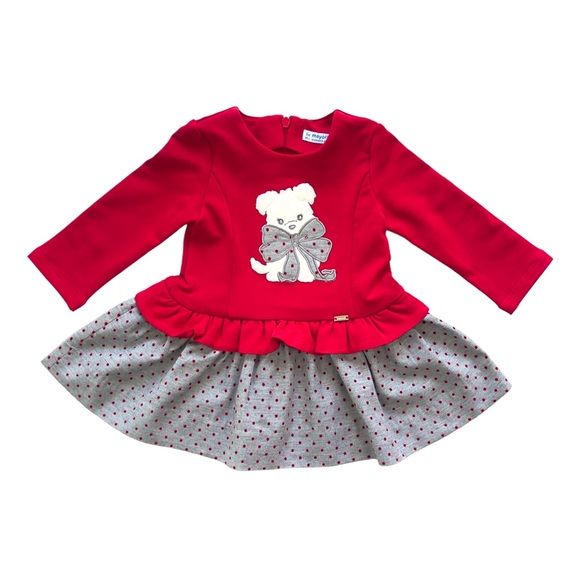 Mayoral: Red and heather gray polka dot dress, with dog Appliqué. - Picture 7 of 8